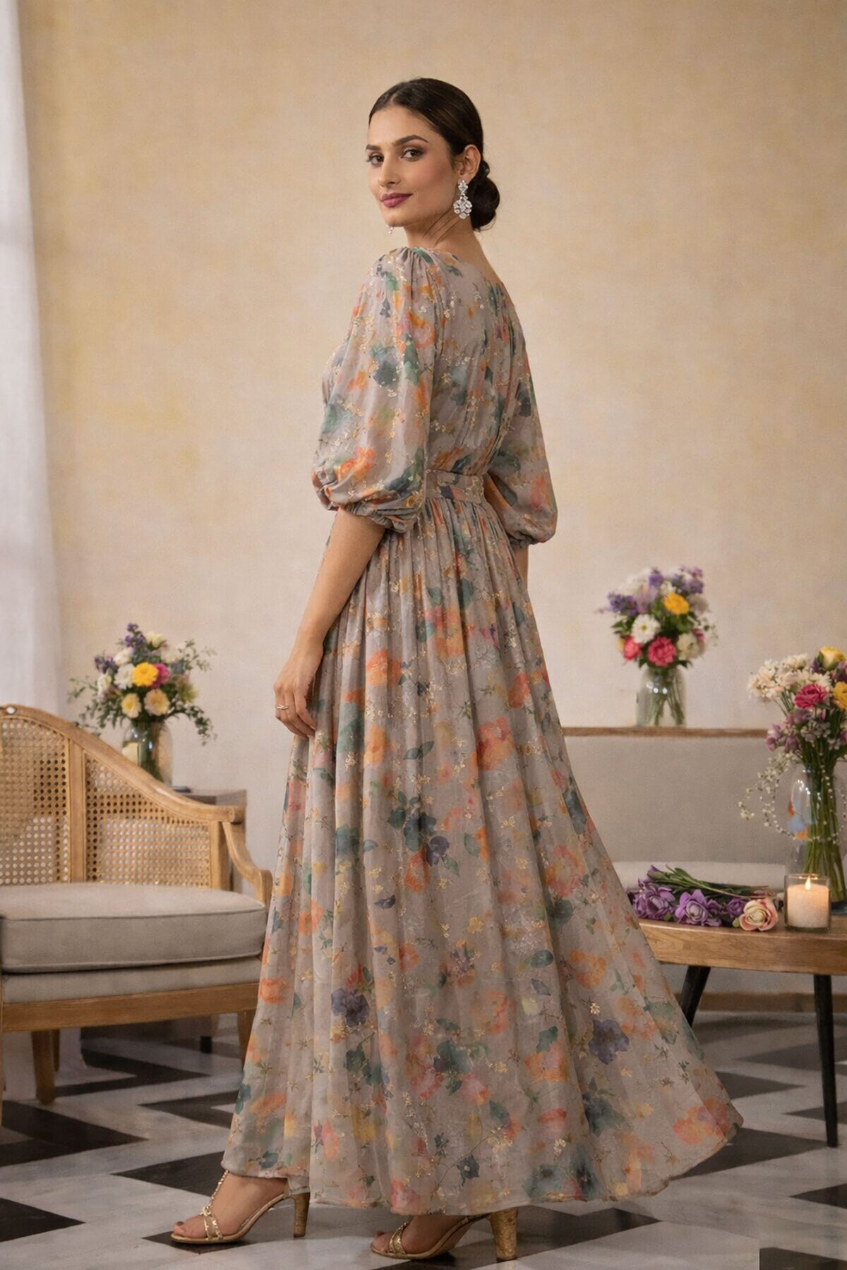 SN134 multicolor floral silk maxi dress for women with flowy silhouette and puff sleeves side pose
