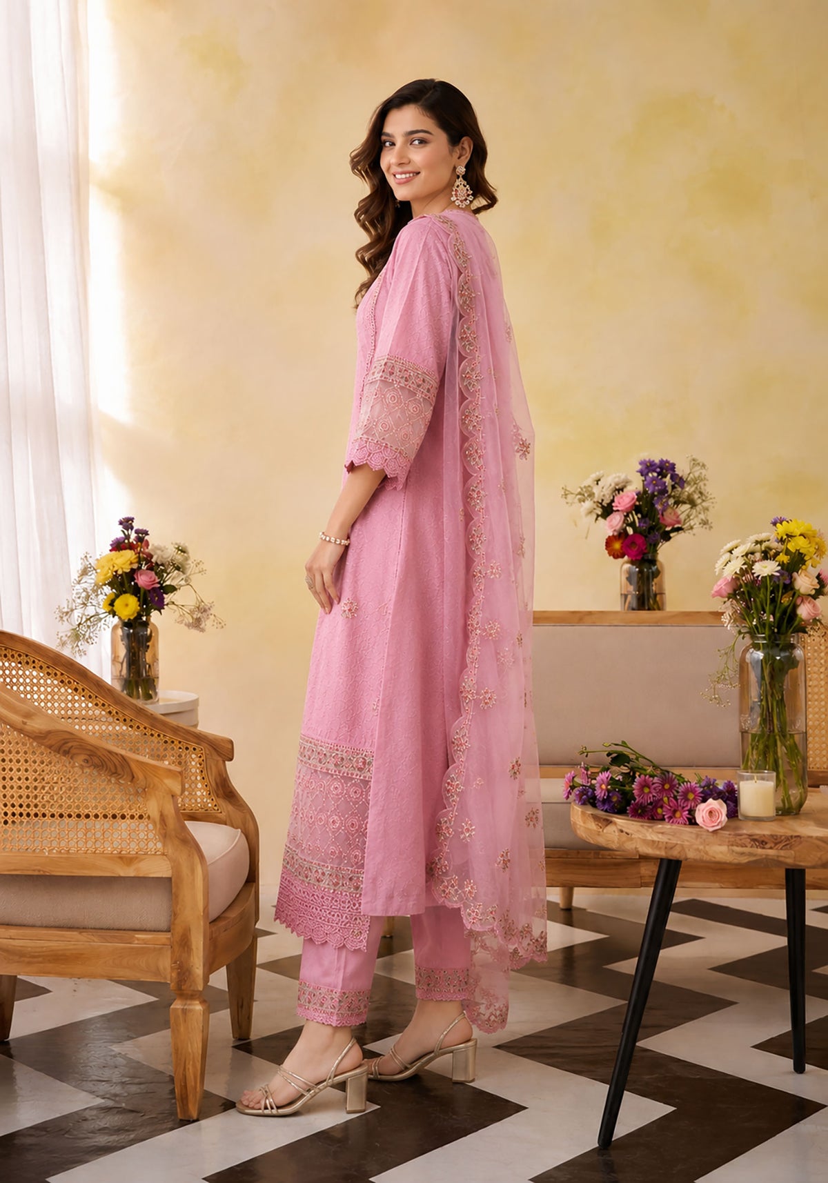 SN135 women’s blush pink embroidered kurta set with V-neck and three-quarter sleeves side pose