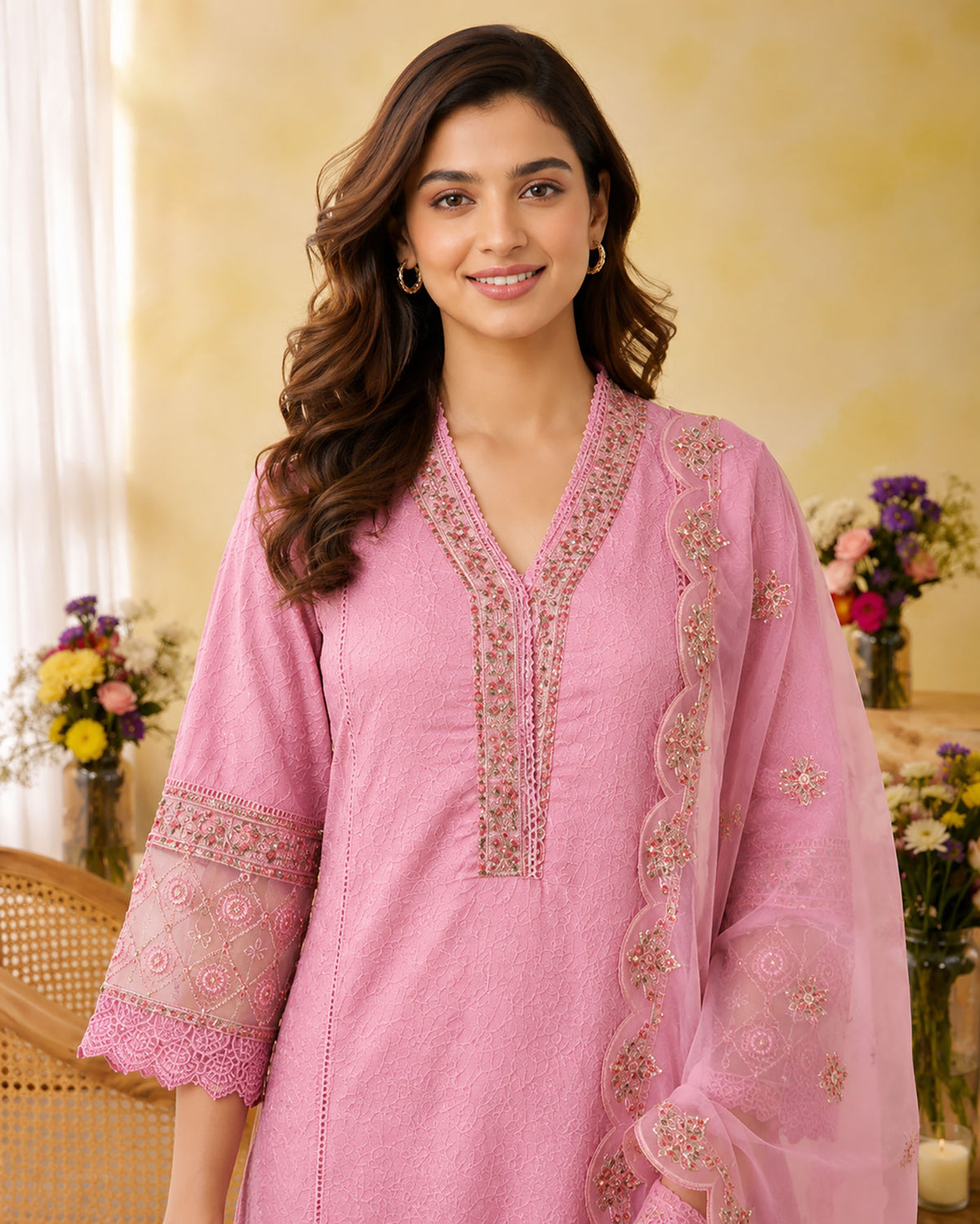 SN135 women’s blush pink embroidered kurta V-neck and sleeve detail closeup pose