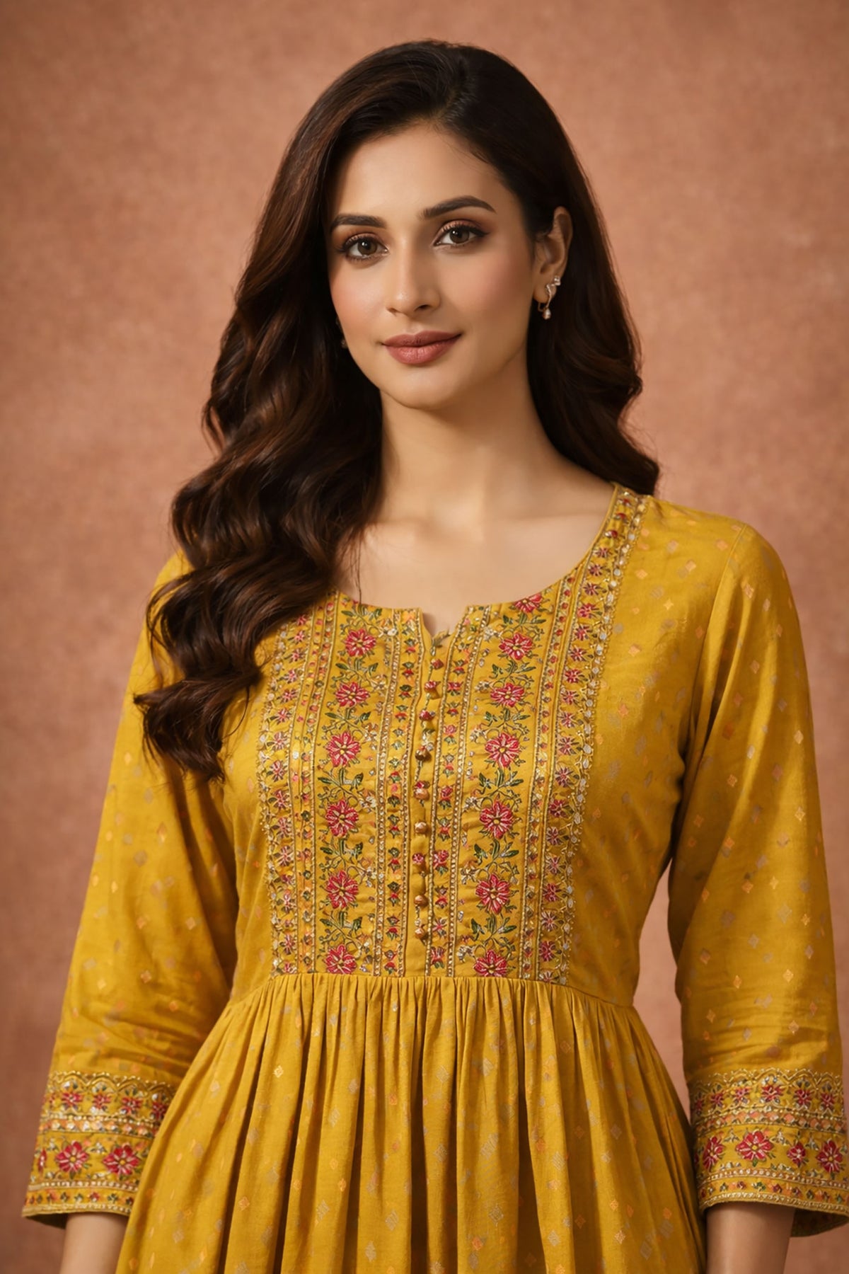 SN137 women’s embroidered Anarkali kurta set closeup showing yoke detail, long sleeve festive wear