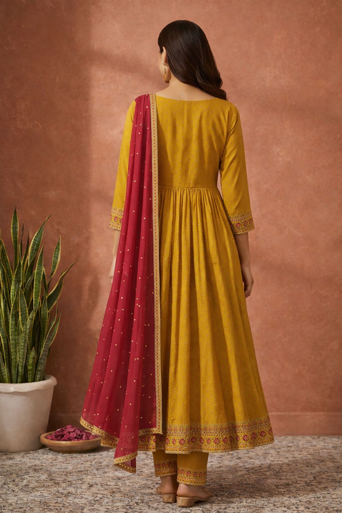 SN137 women’s mustard yellow embroidered Anarkali kurta set back pose, long sleeve design