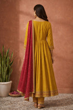 SN137 women’s mustard yellow embroidered Anarkali kurta set back pose, long sleeve design