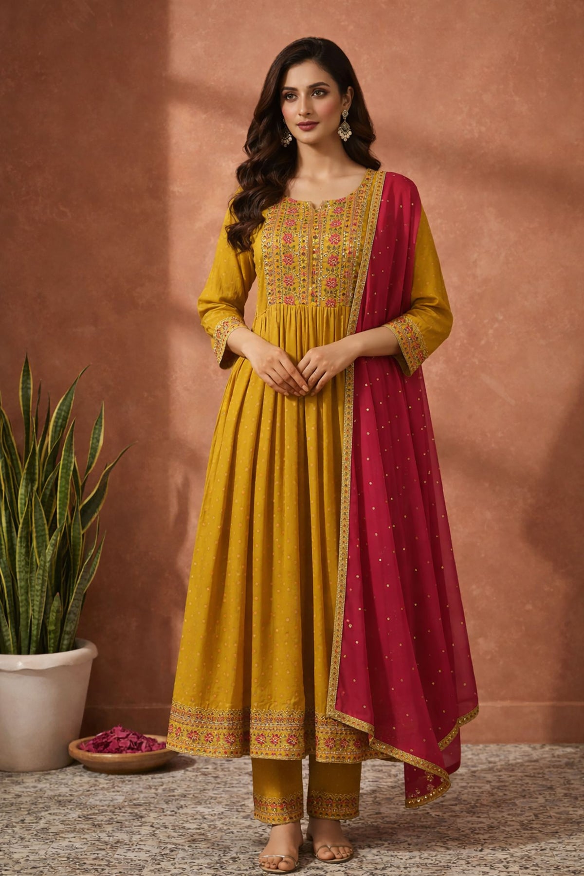 SN137 women’s mustard yellow embroidered Anarkali kurta set with dupatta, long sleeve front pose