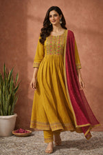 SN137 women’s embroidered Anarkali kurta set walking pose, long sleeve festive outfit with dupatta