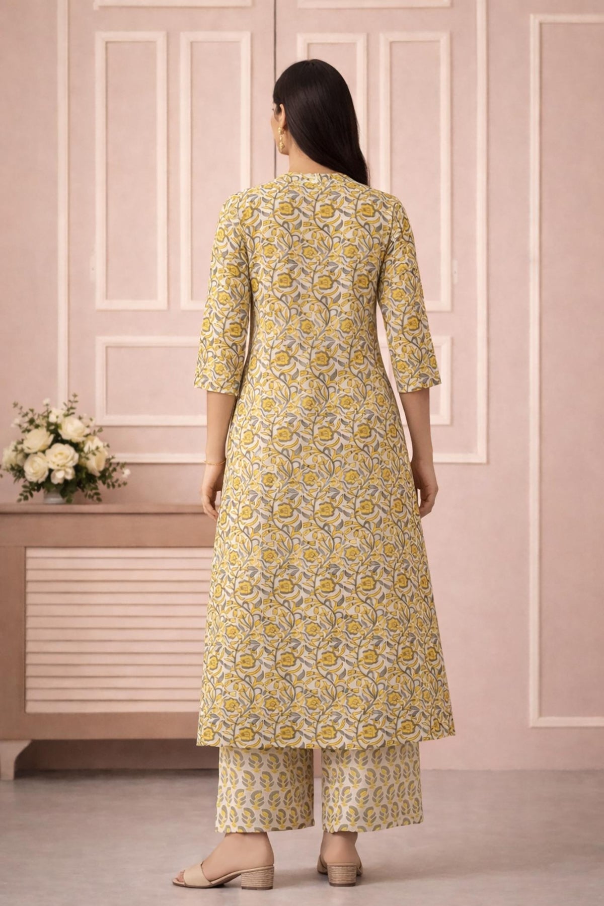SN139 women’s mustard floral cotton kurta pant set with all-over vine print, back pose.