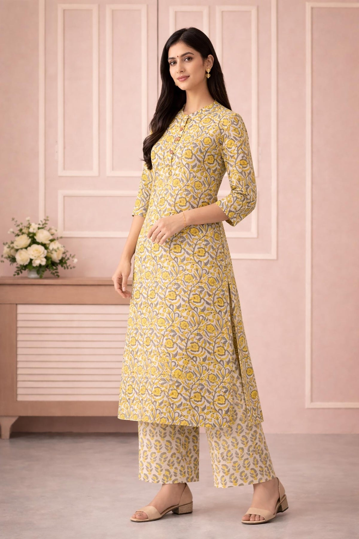SN139 women’s mustard floral cotton kurta pant set with A-line silhouette, side pose.