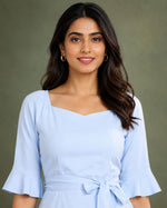 Women’s Sky Blue Polycotton Belted Fit & Flare Dress