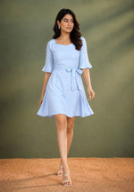 Women’s Sky Blue Polycotton Belted Fit & Flare Dress