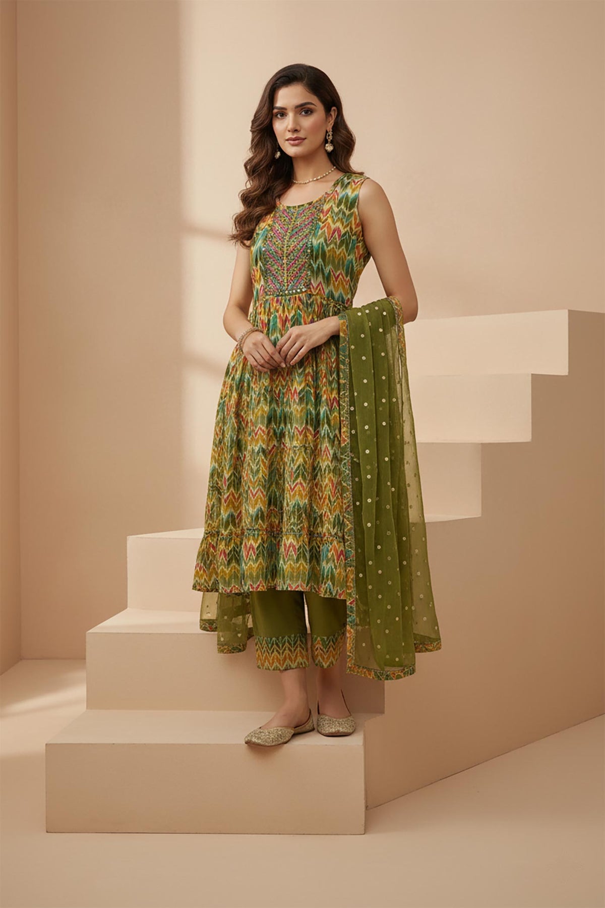Olive green Ikat printed sleeveless kurta set front view with dupatta and embellished flats.