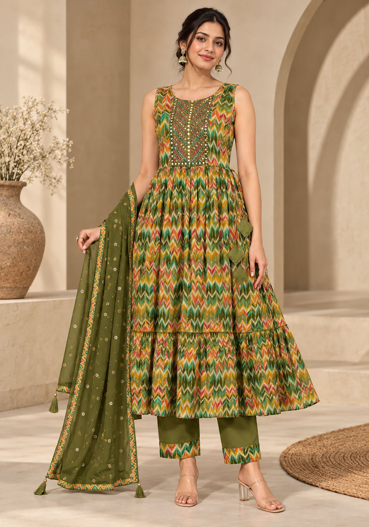 A woman models a sleeveless green ethnic outfit with a multicolor zigzag patterned tunic, matching green pants, and a green dupatta in a warm, architectural setting.