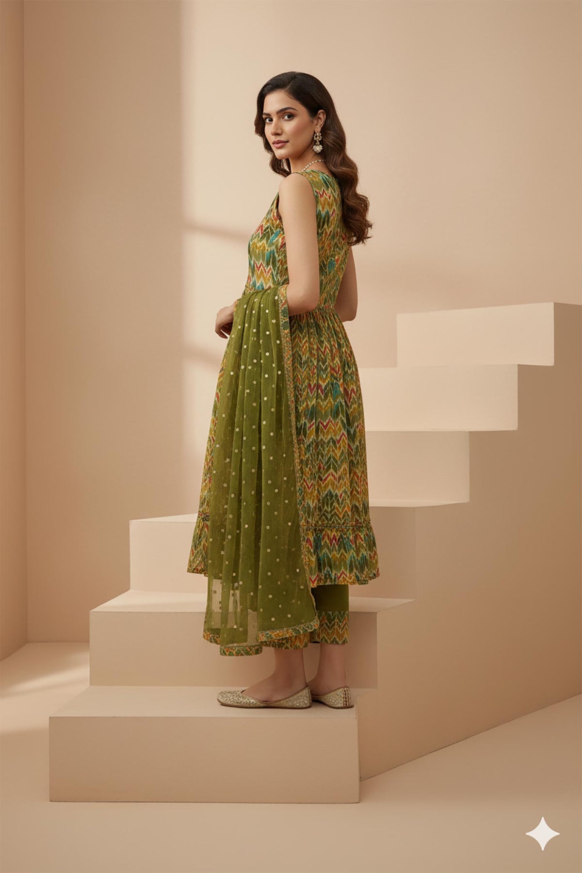 Olive green Ikat printed kurta set side view with sleeveless design and flats.