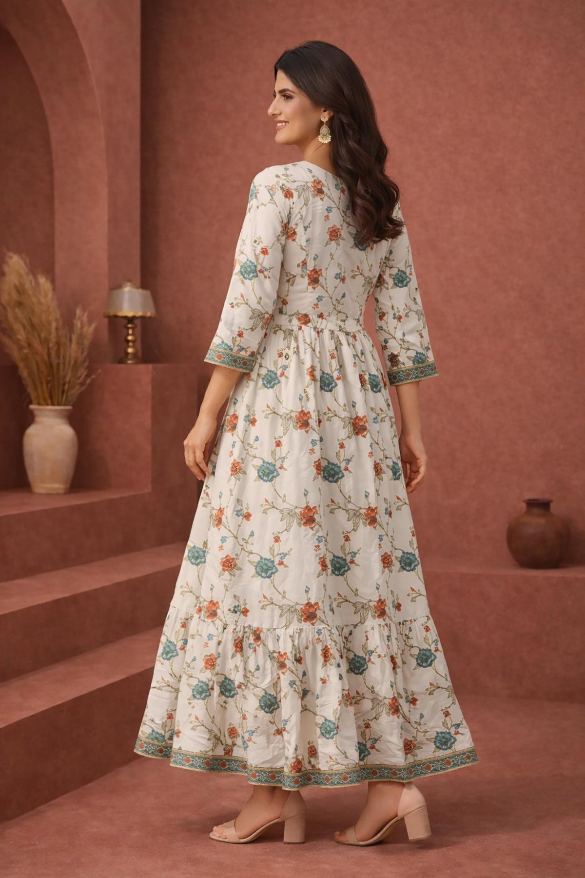 SN141 women’s ivory floral cotton Anarkali dress back pose showing full flare silhouette.