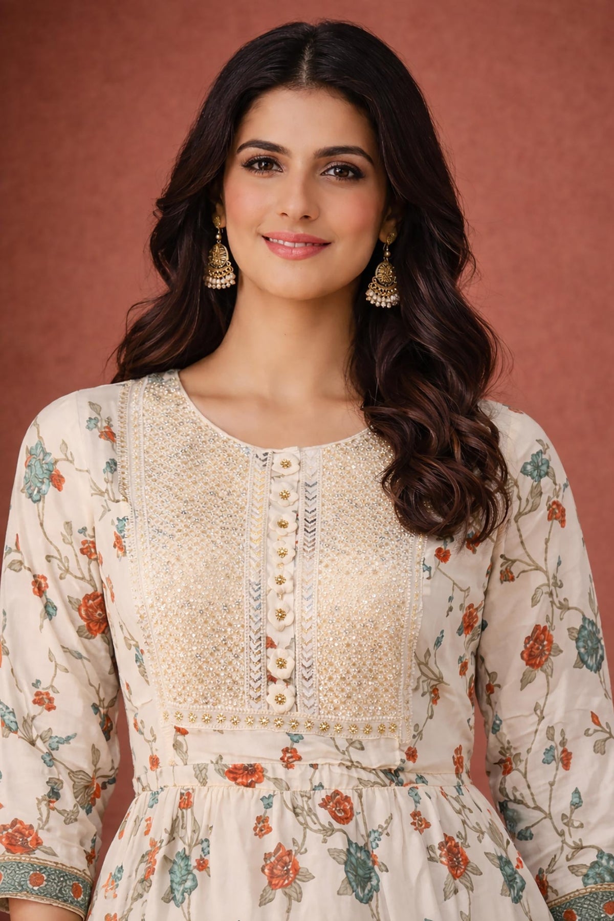 SN141 women’s ivory cotton Anarkali dress closeup showing embroidered yoke and round neckline.