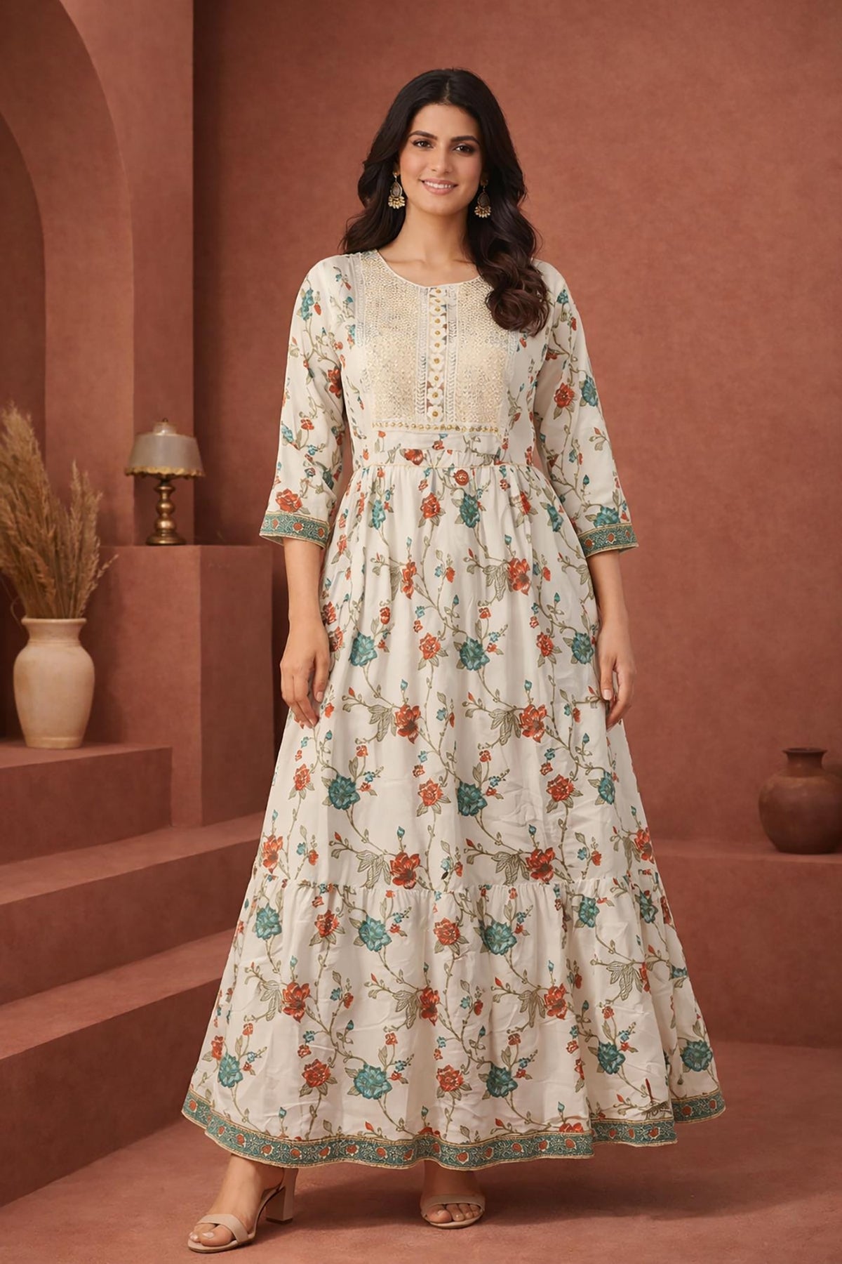SN141 women’s ivory floral embroidered cotton Anarkali dress with long sleeves, front pose.