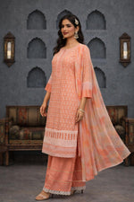 SN142 women’s peach coral cotton kurta set with palazzo and dupatta, side pose