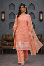 SN142 women’s peach coral cotton kurta set with palazzo and dupatta, walking pose