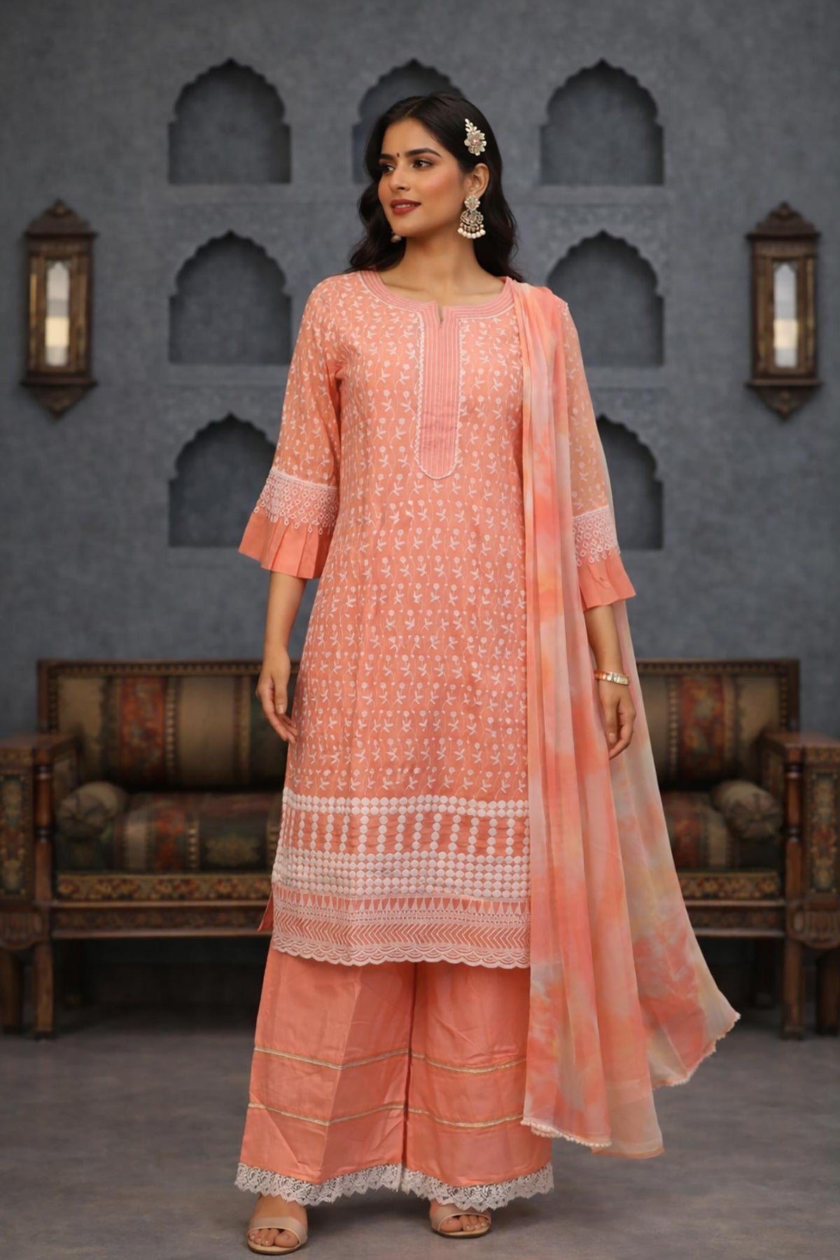 SN142 women’s peach coral cotton kurta set with floral embroidery and V-neck, front pose