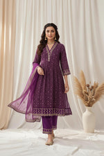 SN143 women’s purple embroidered kurta set walking pose, flowy A-line fit with dupatta