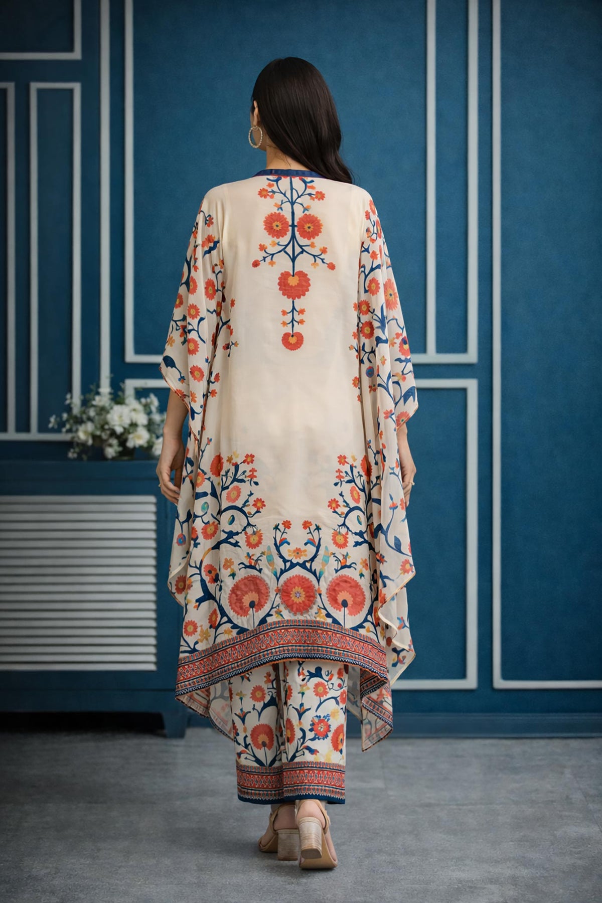 SN145 women’s ivory floral silk chiffon kurta palazzo set showing back pose and printed detailing.