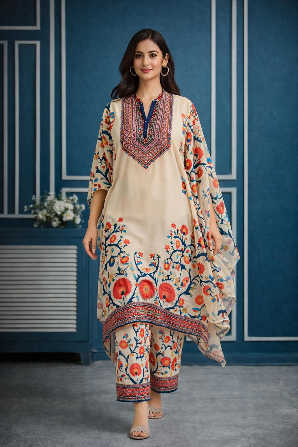 SN145 women’s ivory chiffon kurta palazzo set with embroidered V-neck, elegant walking pose.