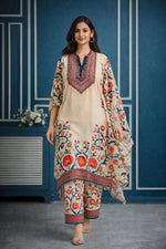 SN145 women’s ivory chiffon kurta palazzo set with embroidered V-neck, elegant walking pose.