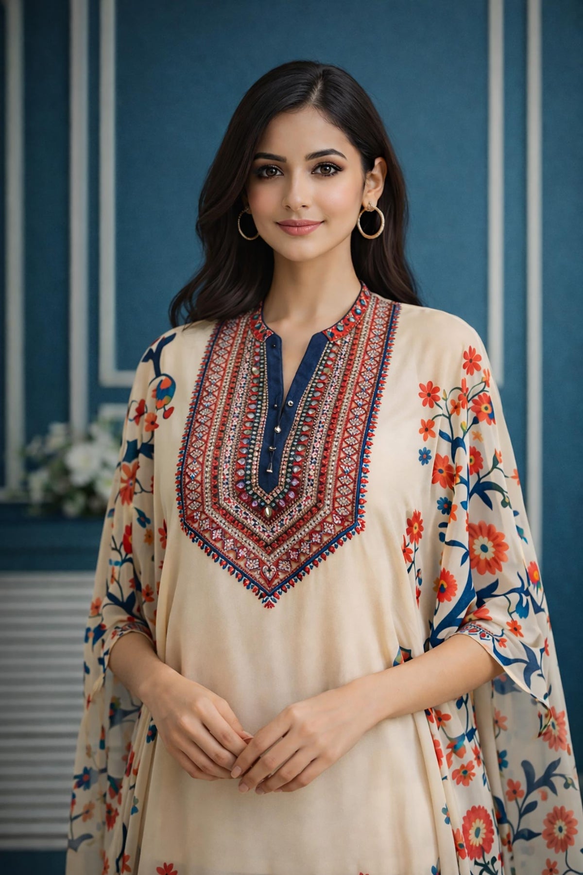 SN145 women’s ivory chiffon kurta set featuring embroidered V-neck and floral detailing, closeup pose.
