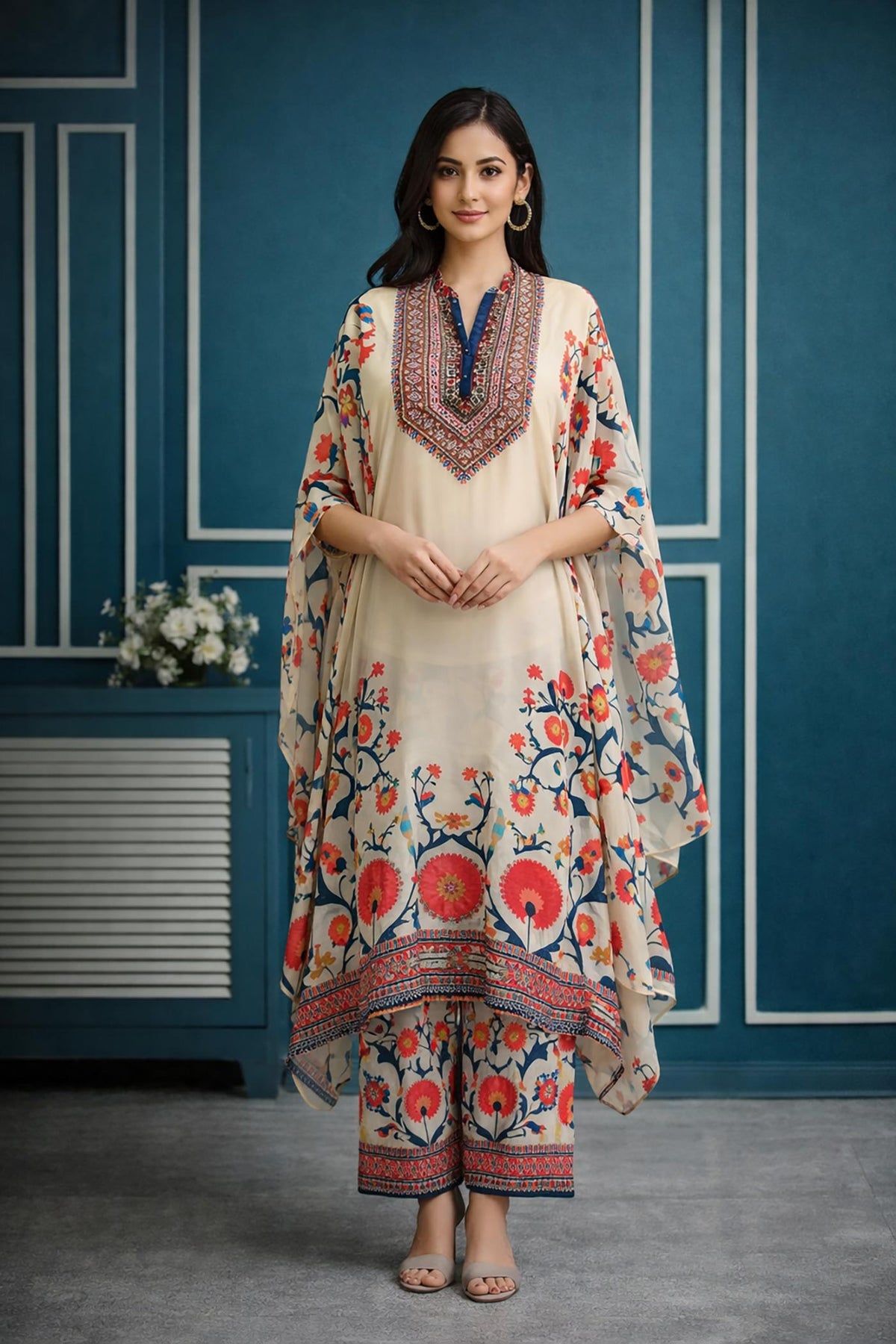 SN145 women’s ivory silk chiffon kurta palazzo set with V-neck and floral print, front pose view.