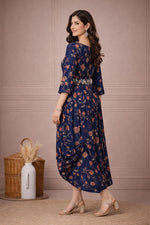SN146 women’s navy floral asymmetric rayon kurta dress side view with flowing draped hem.