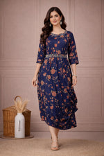 SN146 women’s navy floral rayon asymmetric kurta dress walking pose with soft midi drape.