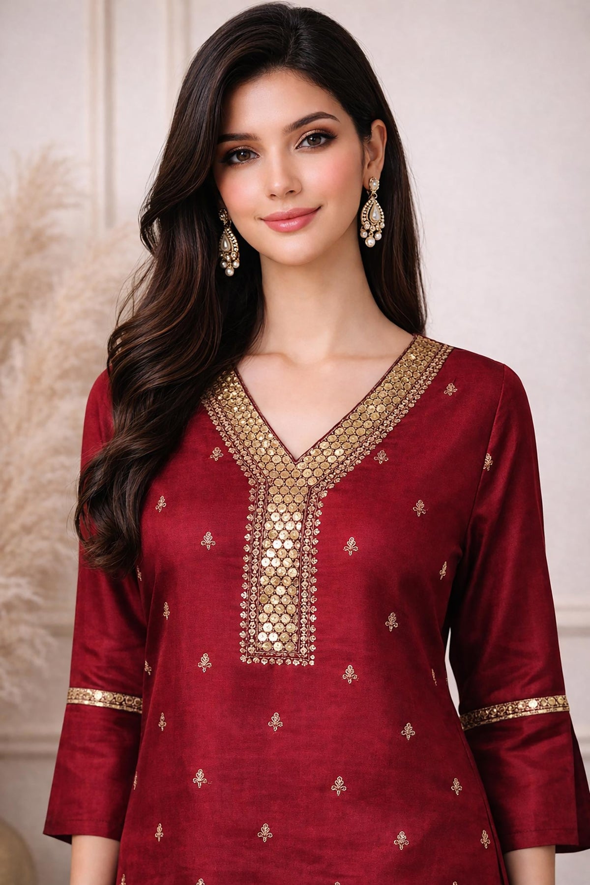 SN147 women’s maroon kurta set closeup showing mirror embroidered V-neckline and silk blend fabric detail