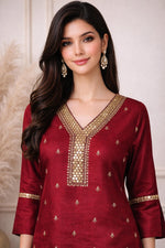 SN147 women’s maroon kurta set closeup showing mirror embroidered V-neckline and silk blend fabric detail