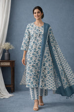 SN148 women’s teal floral cotton kurta set with flowing dupatta in elegant walking pose styled with heels.