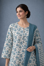 SN148 women’s teal floral cotton kurta set closeup showing round neckline and detailed floral block print.