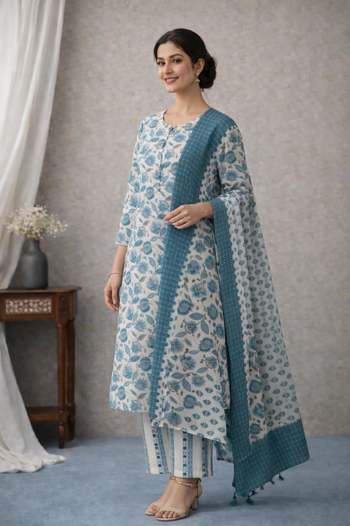 SN148 women’s teal floral cotton kurta set with dupatta, straight silhouette and printed palazzo, side view.