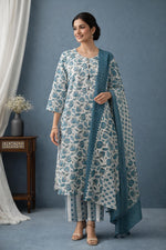SN148 women’s teal floral cotton kurta set with dupatta, three-quarter sleeves, straight fit, front view with heels.