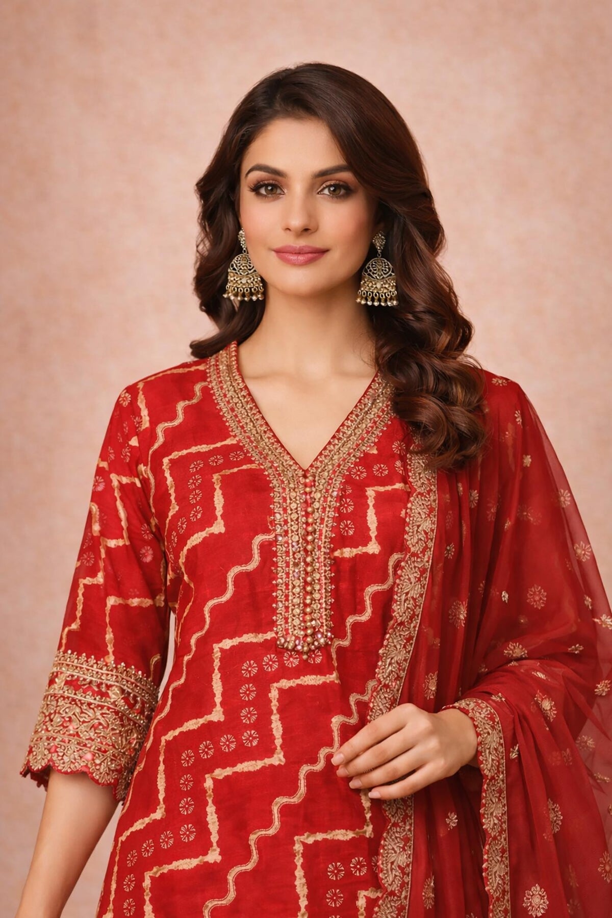 SN150 women’s vermilion red Bandhani cotton silk kurta set close-up showing embroidered V-neck and gold detailing.