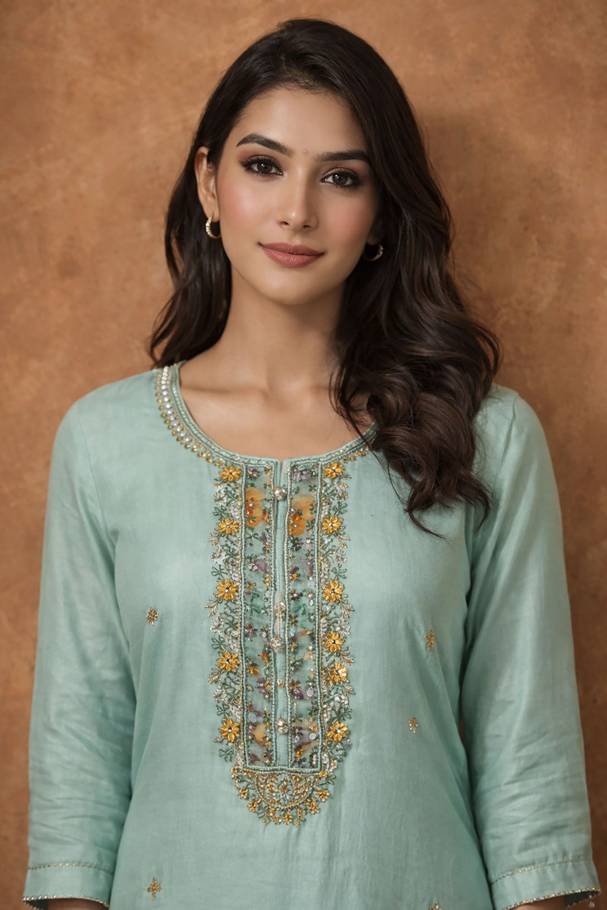 SN151 pastel aqua embroidered kurta set neckline closeup showing detailed threadwork and mirror embroidery