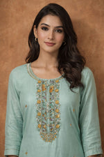 SN151 pastel aqua embroidered kurta set neckline closeup showing detailed threadwork and mirror embroidery