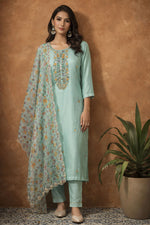 SN151 pastel aqua hand embroidered women kurta set with floral organza dupatta long sleeve front pose