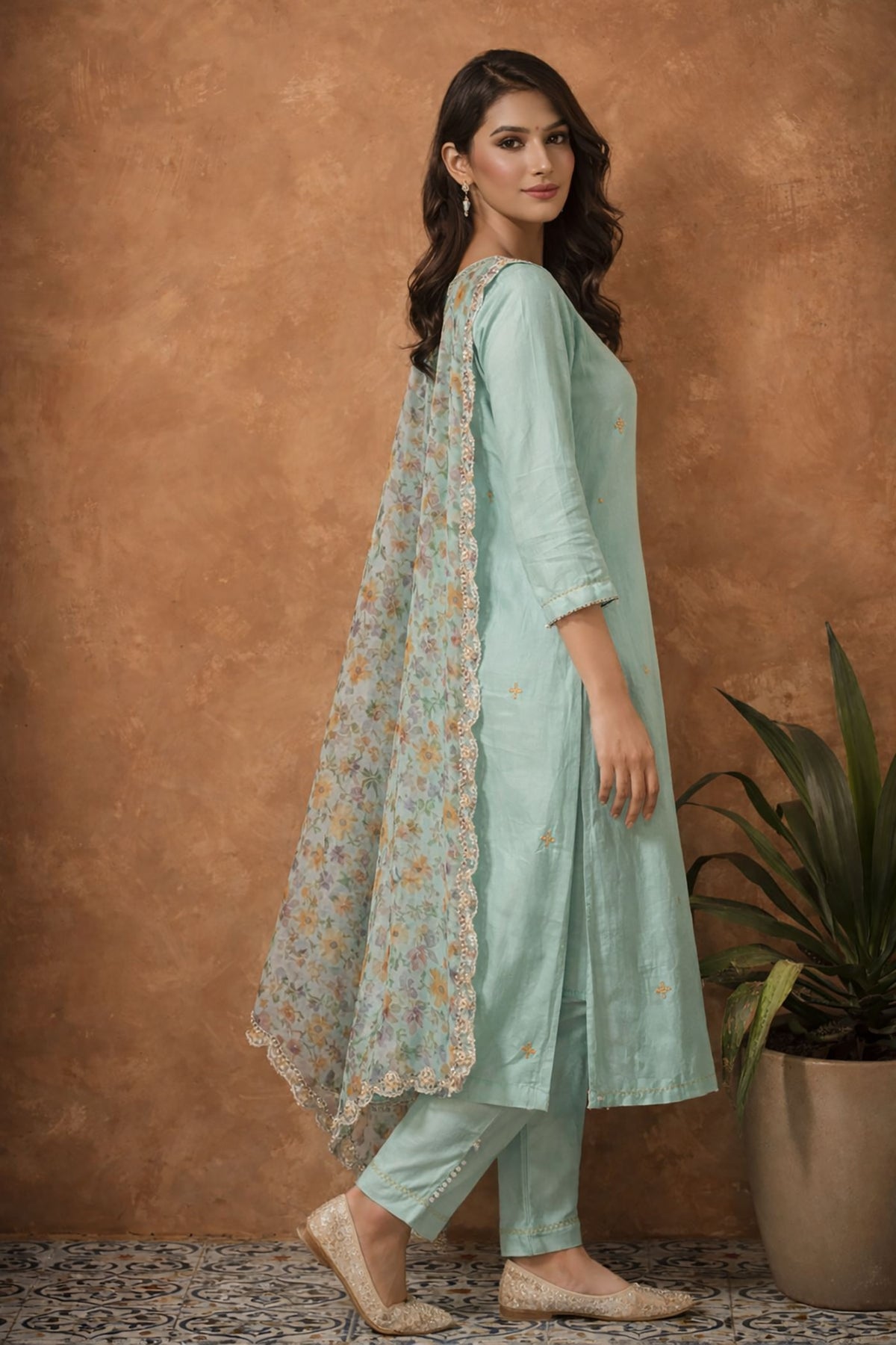 SN151 pastel aqua embroidered women kurta set side pose showing silhouette and dupatta drape