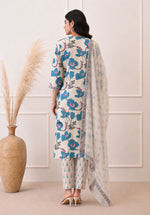 SN152 women’s ivory teal floral cotton V-neck three-quarter sleeve kurta set back pose