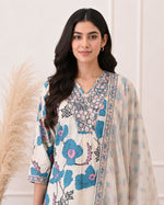 SN152 women’s ivory teal floral cotton kurta set V-neck embroidered detail closeup pose