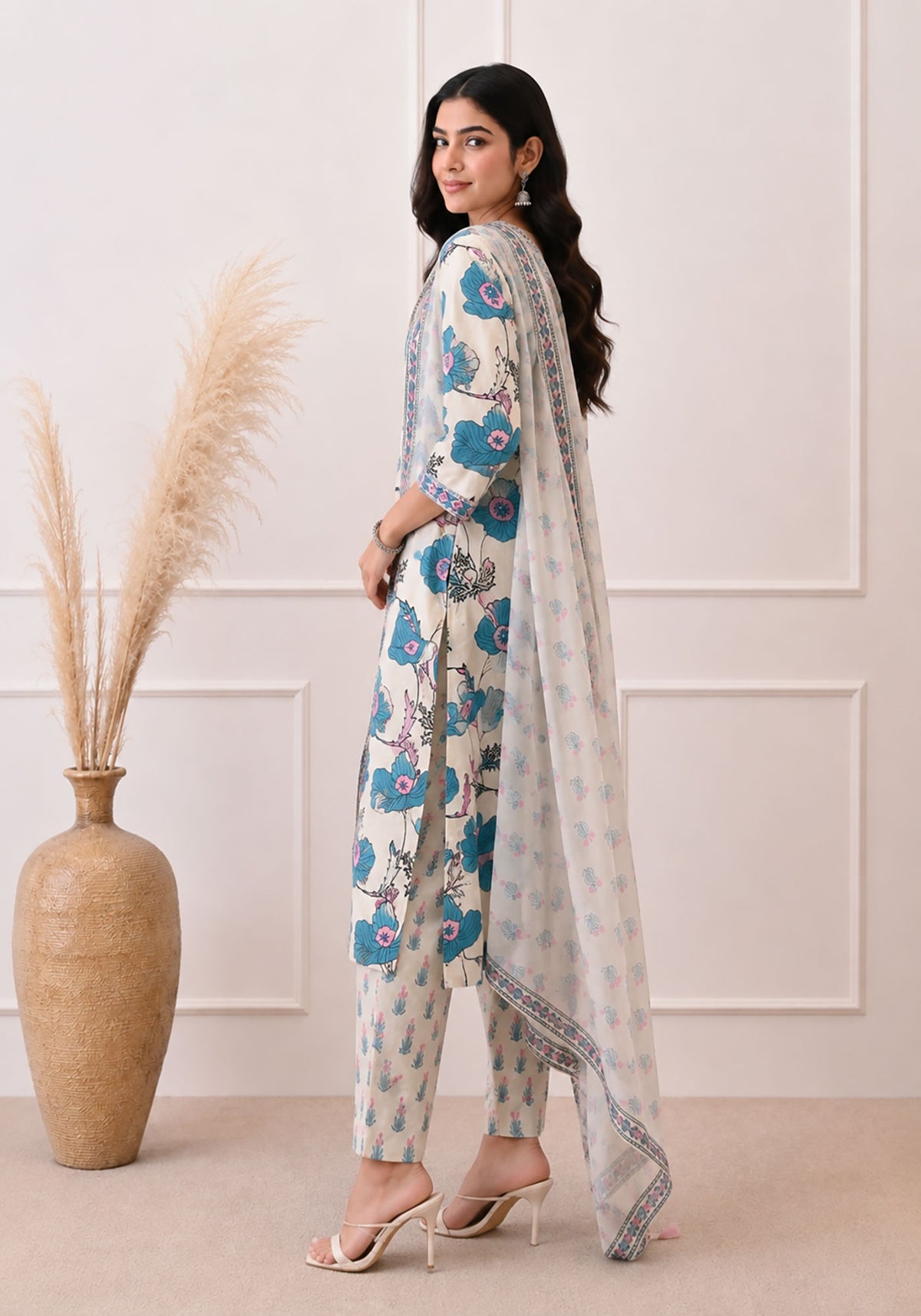 SN152 women’s ivory teal floral cotton V-neck kurta set three-quarter sleeve side pose