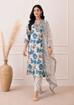 SN152 women’s ivory teal floral cotton V-neck kurta set three-quarter sleeve walking pose