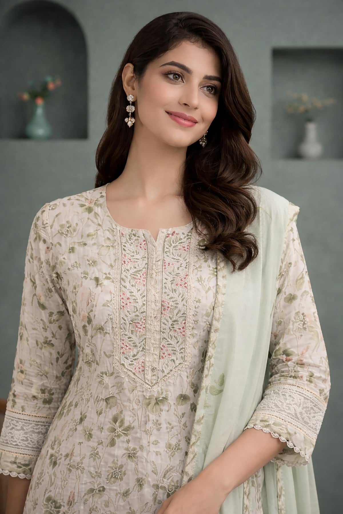 SN153 women’s ivory floral muslin kurta set closeup showing V-neck detailing and embroidered yoke