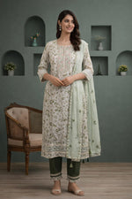 SN153 women’s ivory floral muslin kurta set with V-neck, three-quarter sleeves and dupatta front pose