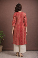 SN154 women’s crimson stripe cotton kurta pant set, straight silhouette, three-quarter sleeves, back view