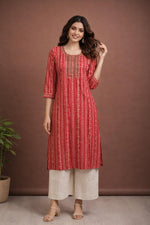 SN154 women’s crimson stripe embroidered cotton kurta pant set, round neck, three-quarter sleeves, front pose