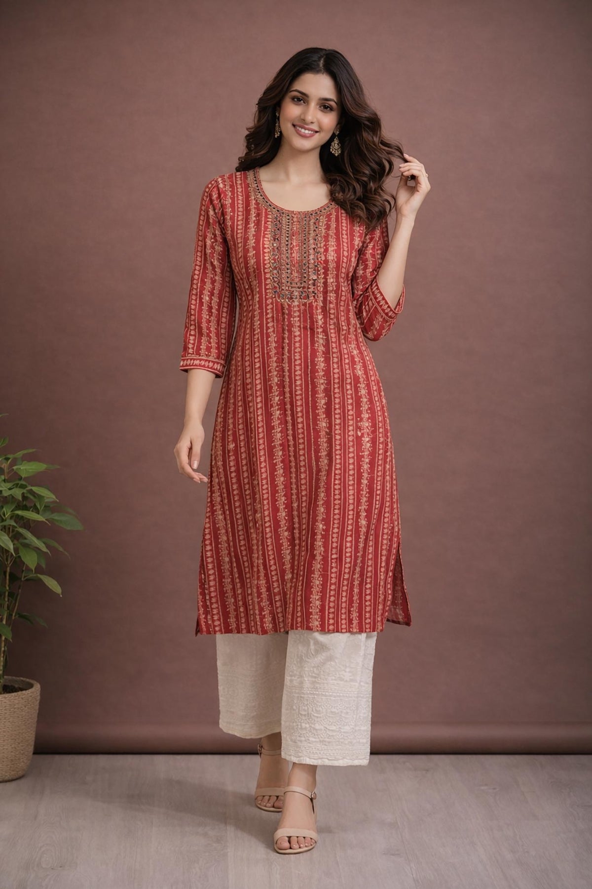 SN154 women’s crimson embroidered cotton kurta pant set, striped design, round neck, walking pose