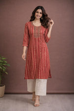 SN154 women’s crimson embroidered cotton kurta pant set, striped design, round neck, walking pose